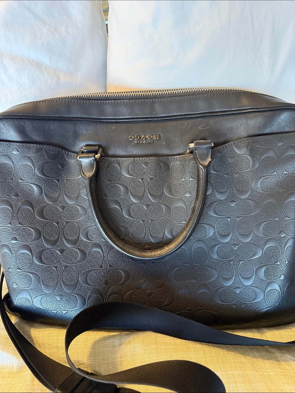 Coach Black Signature Embossed Leather Messenger and Crossbody Set